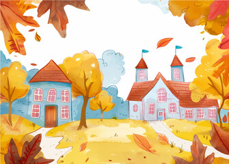 Back to school. Watercolor vector illustration with apple, pencils and leaves.