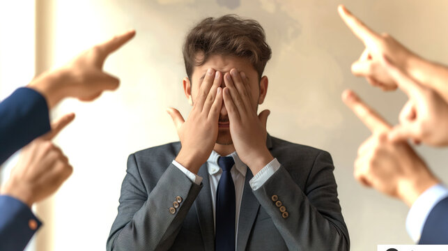 Man in Suit Covering His Eyes Surrounded by Pointing Fingers at Business Meeting