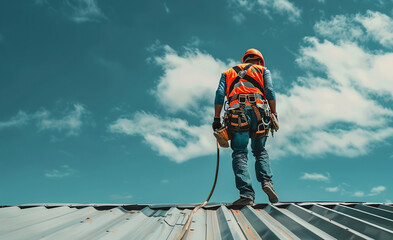Construction worker wearing safety harness. Working at height equipment.