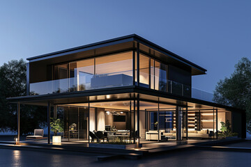 Fototapeta premium Technology concept Innovative buildings and artificial engineering are represented by future construction designs. AI smart house architecture model. High tech hologram of private house.