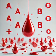 a glossy red blood drop at the center, surrounded by various blood group letters (A, B, AB, O) in bold red. 