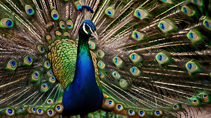 Obraz premium A peacock with its feathers fanned out, symbolizing beauty and confidence.