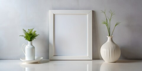A white framed picture sits on a shelf next to a vase and a bowl AI-Created Content