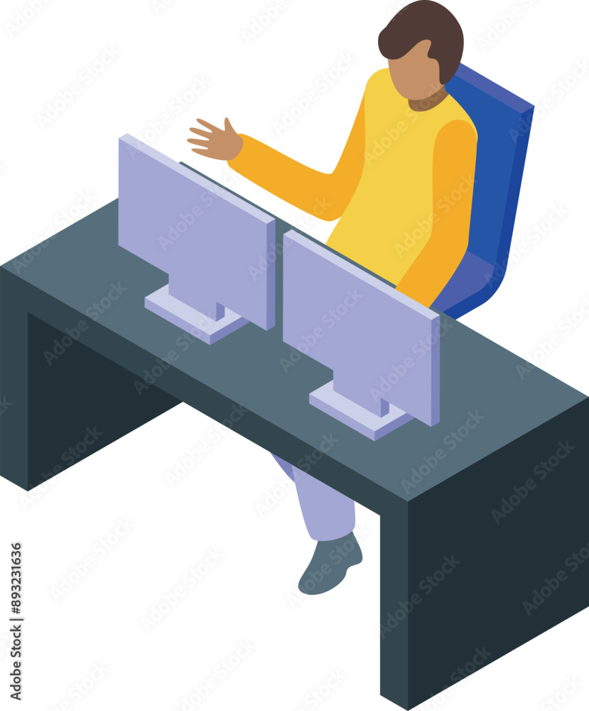 Poster office worker is presenting something using a double screen setup