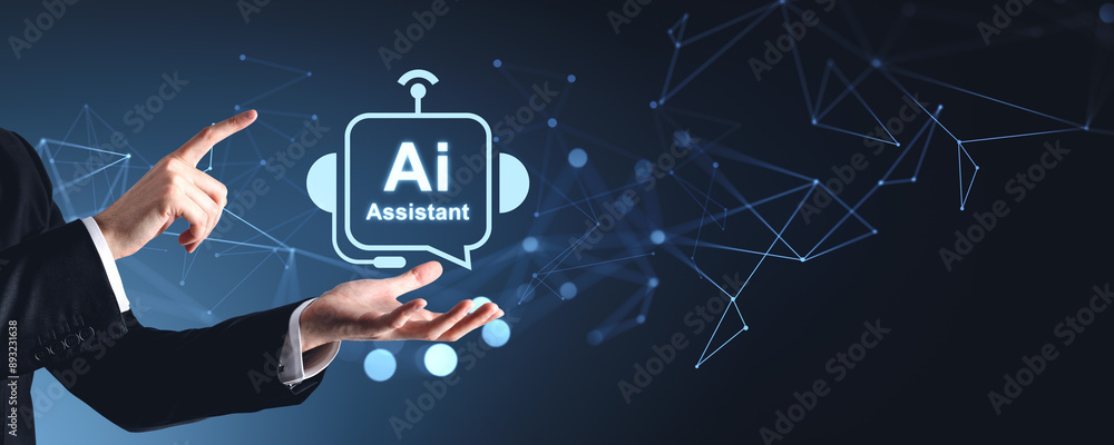 Poster businessman hand pointing at an ai assistant icon in a digital interface. modern, futuristic design 