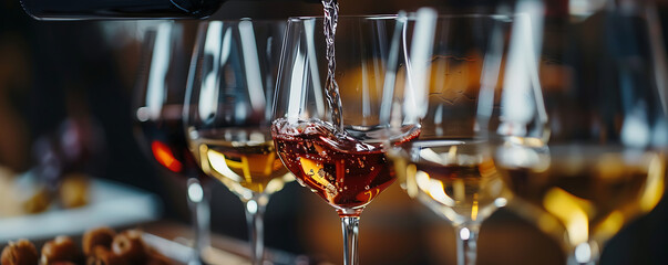 Pouring wine glasses Buffet table celebration of wine tasting.