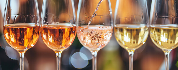 Pouring wine glasses Buffet table celebration of wine tasting.