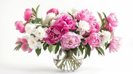 Obraz premium Decorated interior: pink peonies and white flowers in vase on white background