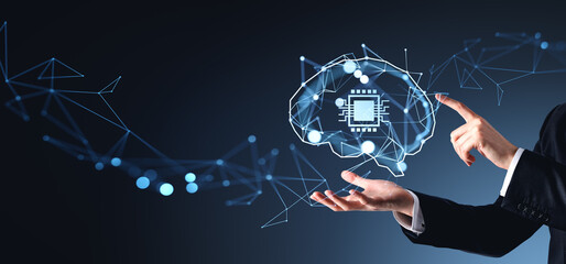 Businessman hands and finger touch digital AI brain and chip hologram