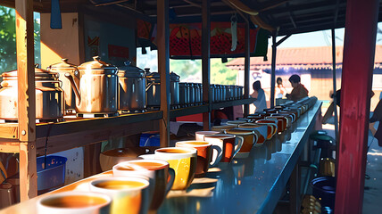 Fototapeta premium A roadside tea stall with kettles and cups, symbolizing the popular tea culture and social gatherings in India.