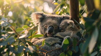 A koala and its joey cuddle in a eucalyptus tree under warm sunlight surrounded by lush green leaves in their natural habitat.