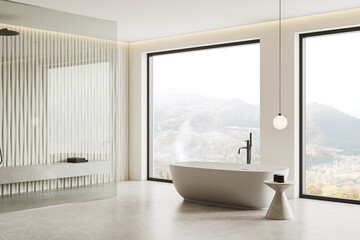 Light hotel bathroom interior with bathtub and glass shower, panoramic window