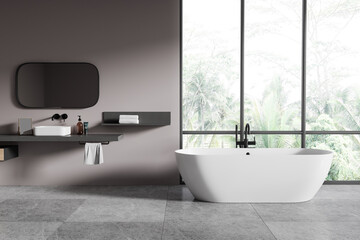 Modern bathroom with white bathtub and sink, dark wall shelf, large window. Light gray tile floor, scenic outdoor view. Minimalist design, light concept. 3D rendering.