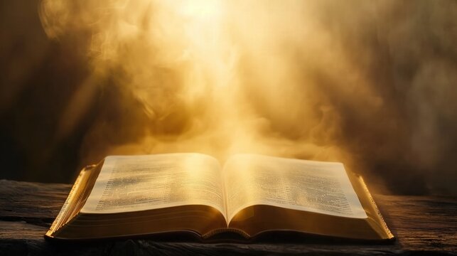 Old bibles open on wood table sunlight shine on book foggy background