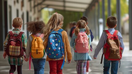Young boys and girls with backpack walking towards school building corridor street shot from the back sunny day