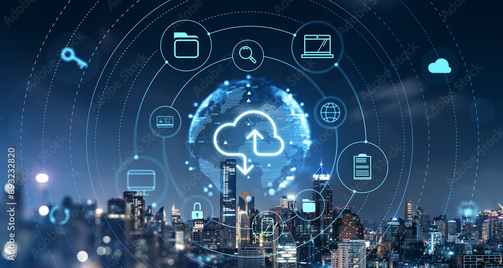 Poster global data storage hologram and backup, files synchronization and city view