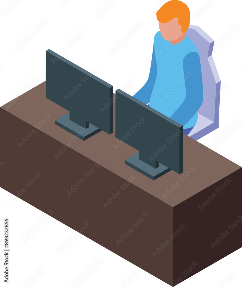 Poster young man is programming, sitting on an ergonomic chair, using a powerful desktop computer with two 