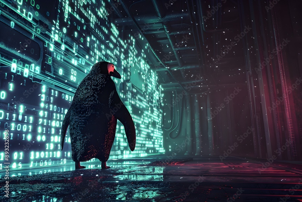 Poster surreal 3d of a penguin hacker in a dark digital room with glowing code