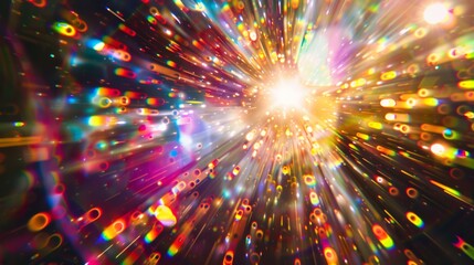 Fototapeta premium Abstract sun explosion digital flare Rainbow reflection Lens flare effect on black background for overlay design.
