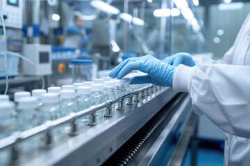Gloved hands working with vials on a conveyor belt in pharmaceutical factory. Biomedical production, healthcare manufacturing, laboratory automation, quality control, industrial engineering.