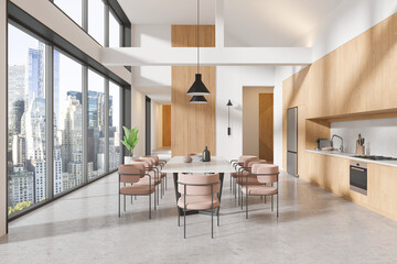 Modern kitchen-dining area with a city view. 3D Rendering