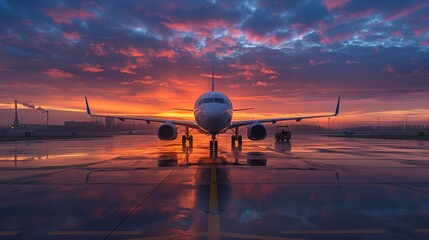 A Large Airplane Is Parked on the Tarmac of an Airport Under a Colorful Sunset - Generative AI