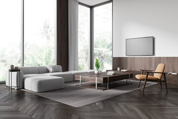 Home living room interior with soft place and tv console, panoramic window