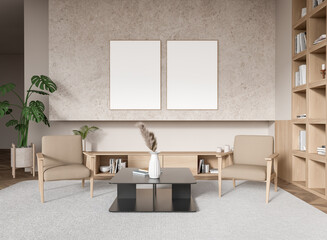 Fototapeta premium Modern living room interior with two framed posters on the wall. 3D Rendering