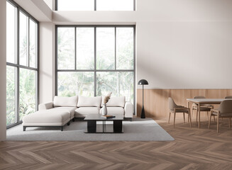 Modern living room with large windows and minimalist furniture. 3D Rendering