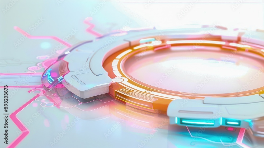 Poster futuristic sci-fi interface with neon lights, featuring circular design with glowing elements on a w