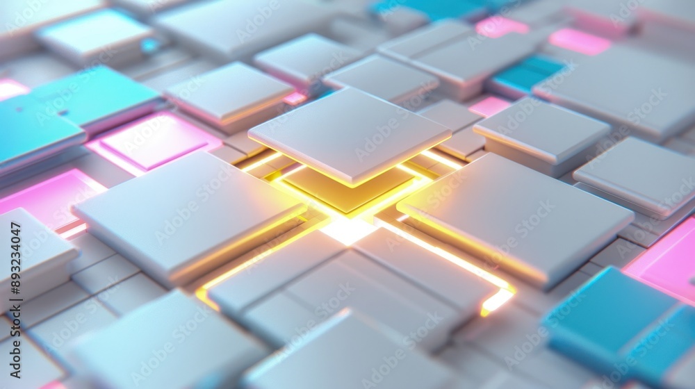 Poster abstract 3d rendering of glowing and colorful blocks, representing futuristic technology and digital