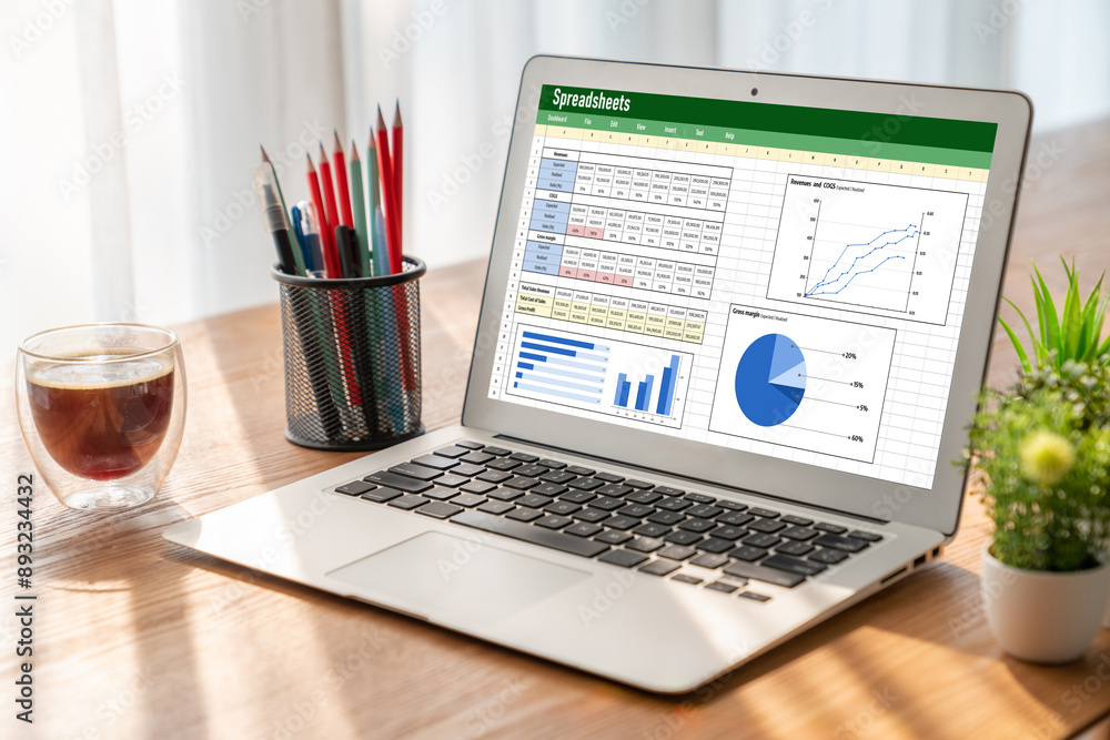 Poster spreadsheet document information financial startup concept. data and graphs in spreadsheet documents