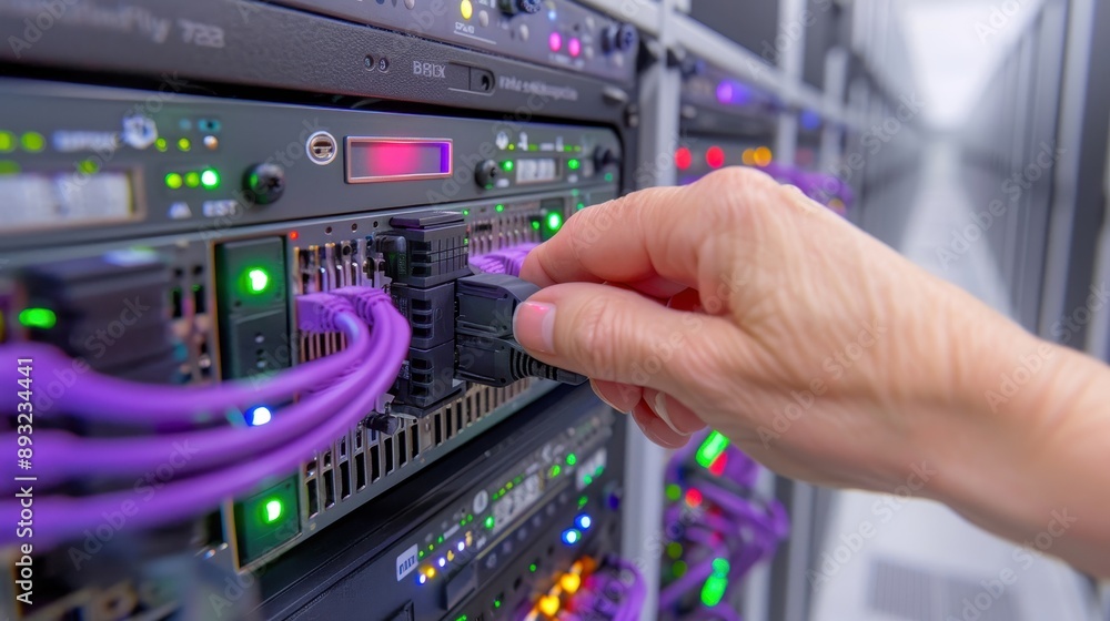 Poster close-up of a hand connecting a network cable to a server in a data center, illustrating it support 