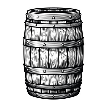 Beverage barrel. Vector illustration in engraving technique of wooden old alcohol cask.