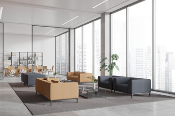 Industrial office interior with chill and meeting zone, panoramic window