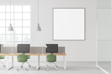 Office business room interior coworking and panoramic window. Mockup frame