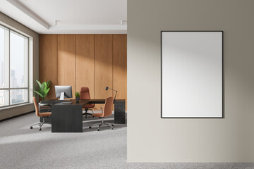 Stylish director's room interior work desk and panoramic window. Mockup frame