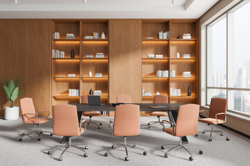 Modern conference room with wooden shelves and large windows. 3D Rendering