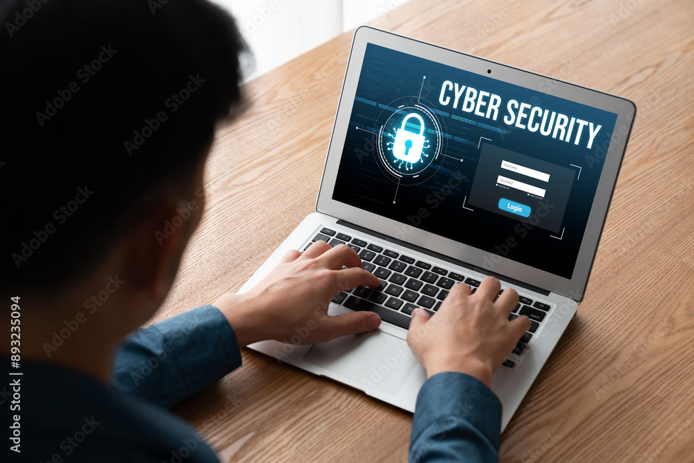 Poster cyber security system on computer screen protect private information snugly from hacker and cyber at