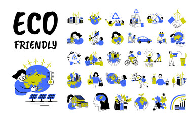 Fototapeta premium Cartoon Color Eco Friendly Lifestyle Scenes Set Concept Flat Design Style. Vector illustration of People use Alternative Energy Sources