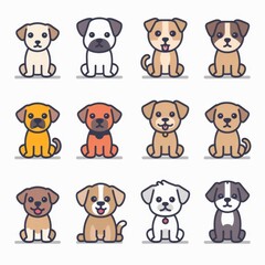 Naklejka premium Cute dog icon set, pet animal flat symbols, puppy icons silhouettes, funny dog character pictogram