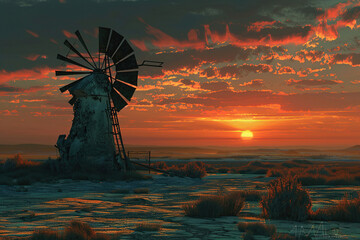 Generative ai on theme of wind power farm with rotation propellers, does not pollute environment