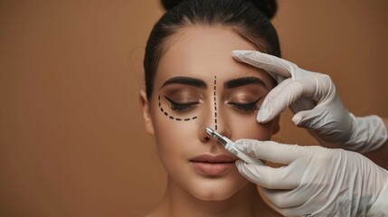 Obraz premium an woman preparing for cosmetic surgery, doctor surgeon drawing markings on her face, around eyes and on nose over brown background