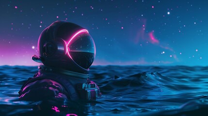 A dark blue sea with stars and galaxies in the background, an astronaut floating on his back wearing a pink helmet and black mask in front of the camera, cinematic with volumetric light, neon lights i