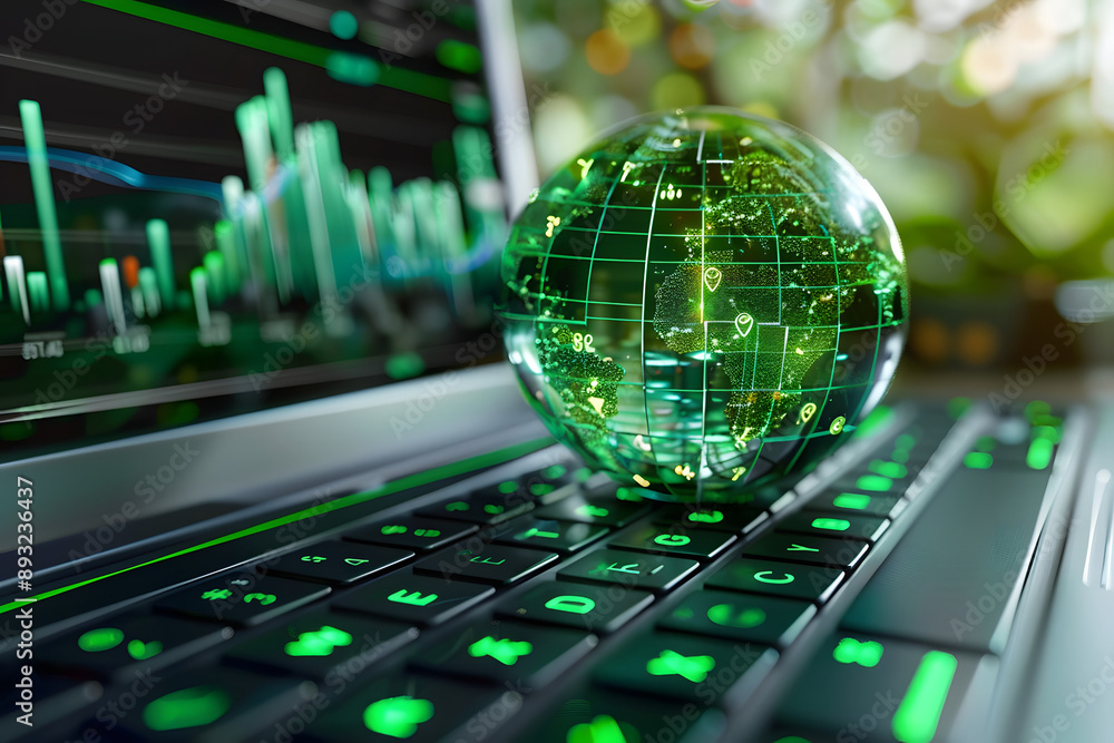 Poster on the keyboard of the laptop, there is a green globe with stock graphs displayed on the laptop scre
