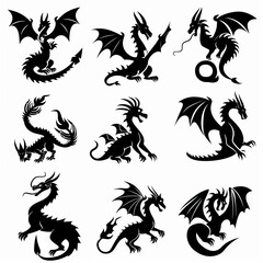Obraz premium Dragons icon silhouette, dino, wyvern symbols, dinosaurs isolated, mythical monster, minimal flat tattoo