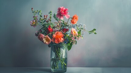 Fototapeta premium flowers in a glass container against a gray backdrop