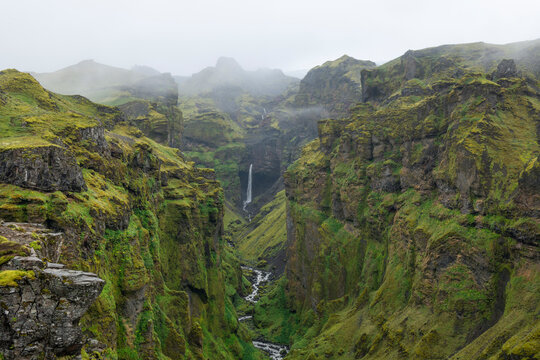 Iceland, Austurland, Mulagljufur canyon during foggy weather