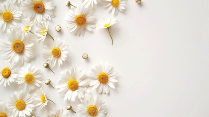 Fototapeta premium Fall discount banner with chamomile flowers, flat lay on white background. Seasonal concept.