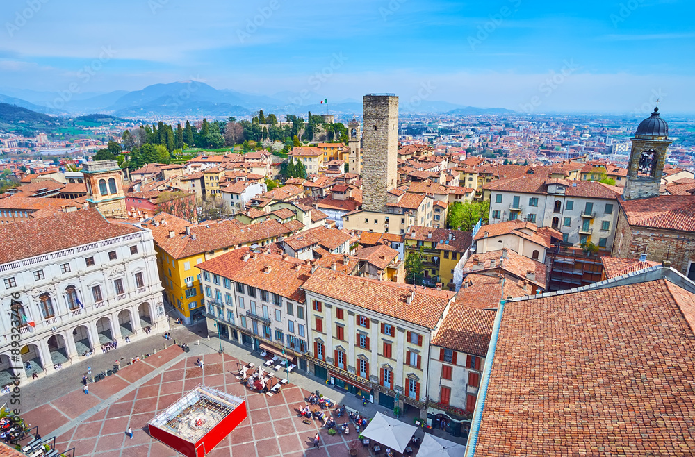 Sticker Piazza Vecchia from Podesta Palace tower, Bergamo, Italy